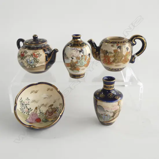 5 PCES MINIATURE SATSUMA, SIGNED bowl 65mm dia 1 TEAPOT MISSING LID