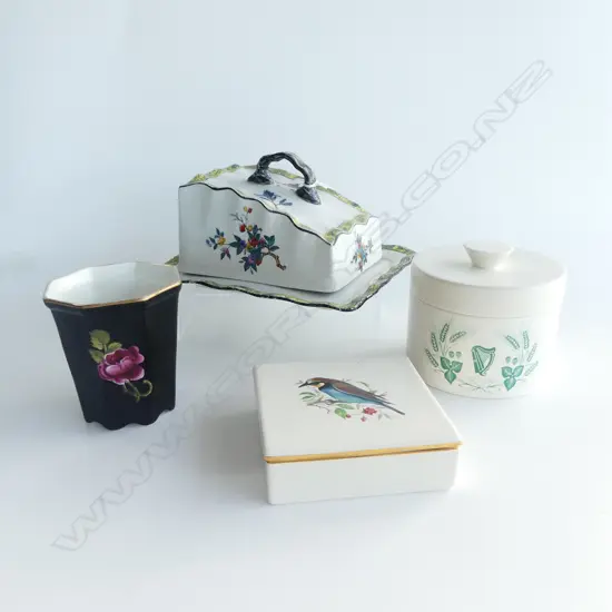 4 PCES CARLTON WARE; CHEESE COVER, 2 LIDDED CONTAINERS, VASE