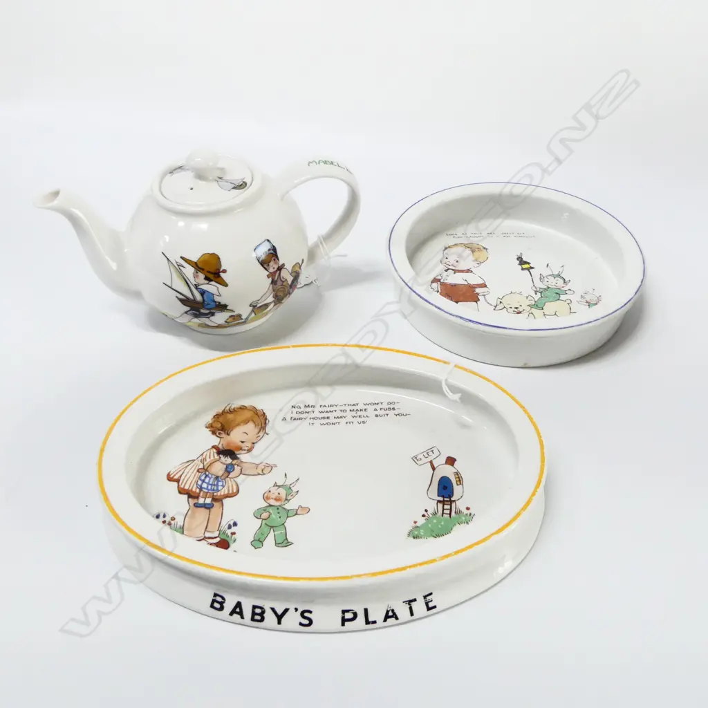 3PCC SHELLEY CHINA 2 BABY PLATES & MABEL LUCY ATTWELL TEAPOT H100MM Image 1++