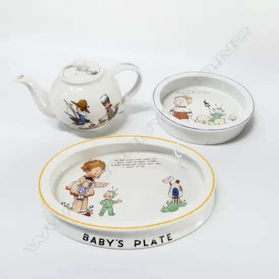 3PCC SHELLEY CHINA 2 BABY PLATES & MABEL LUCY ATTWELL TEAPOT H100MM