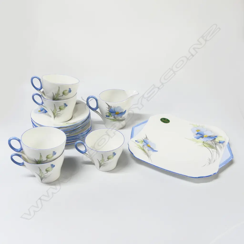 PART SHELLEY TEASET 5 CSPS JUG & CAKE PLATE DECO BLUE POPPY PAT Image 1++