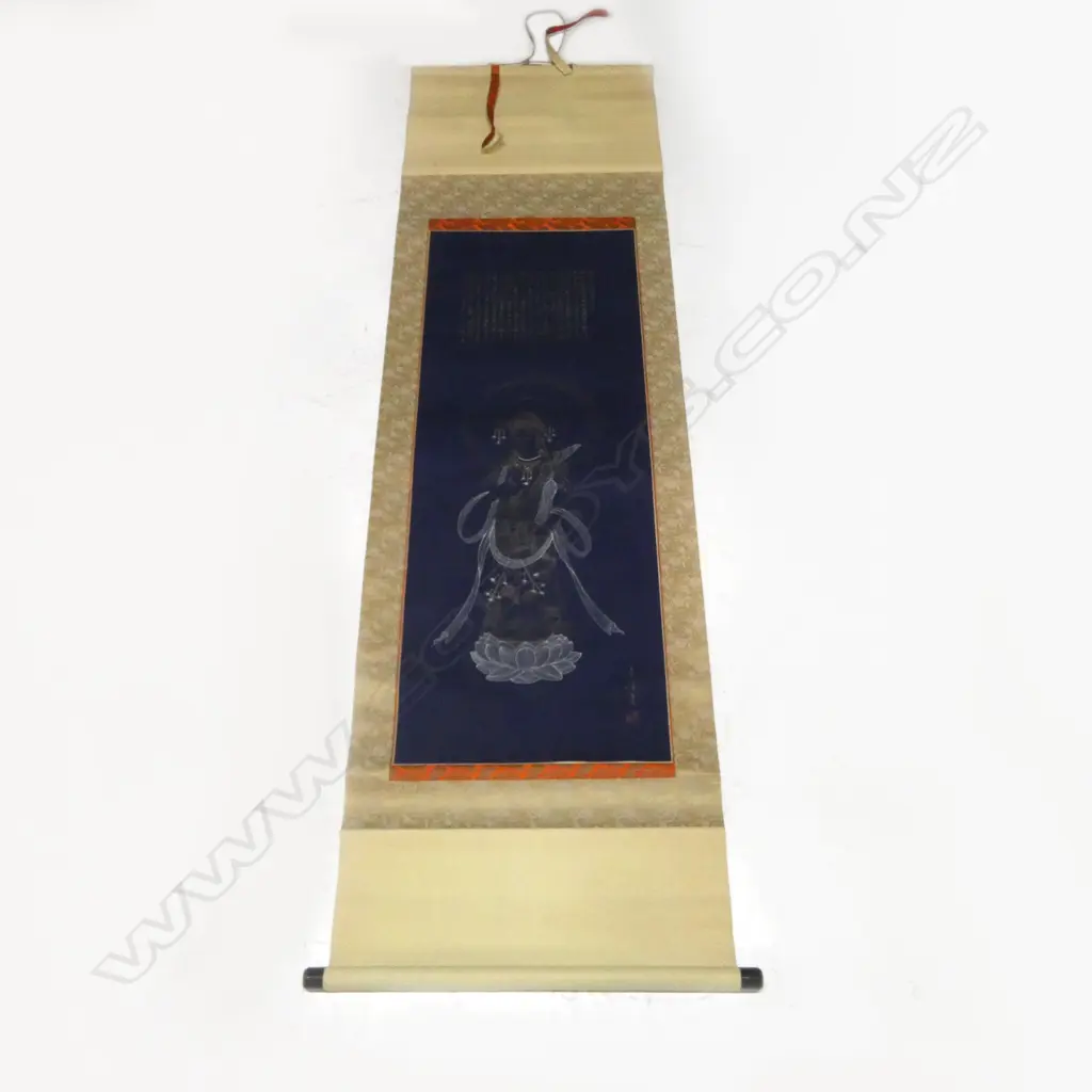ORIENTAL SCROLL OF GODDESS ON BLUE INDIGO GROUND WITH GILT CALLIGRAPHY POEM Image 1++