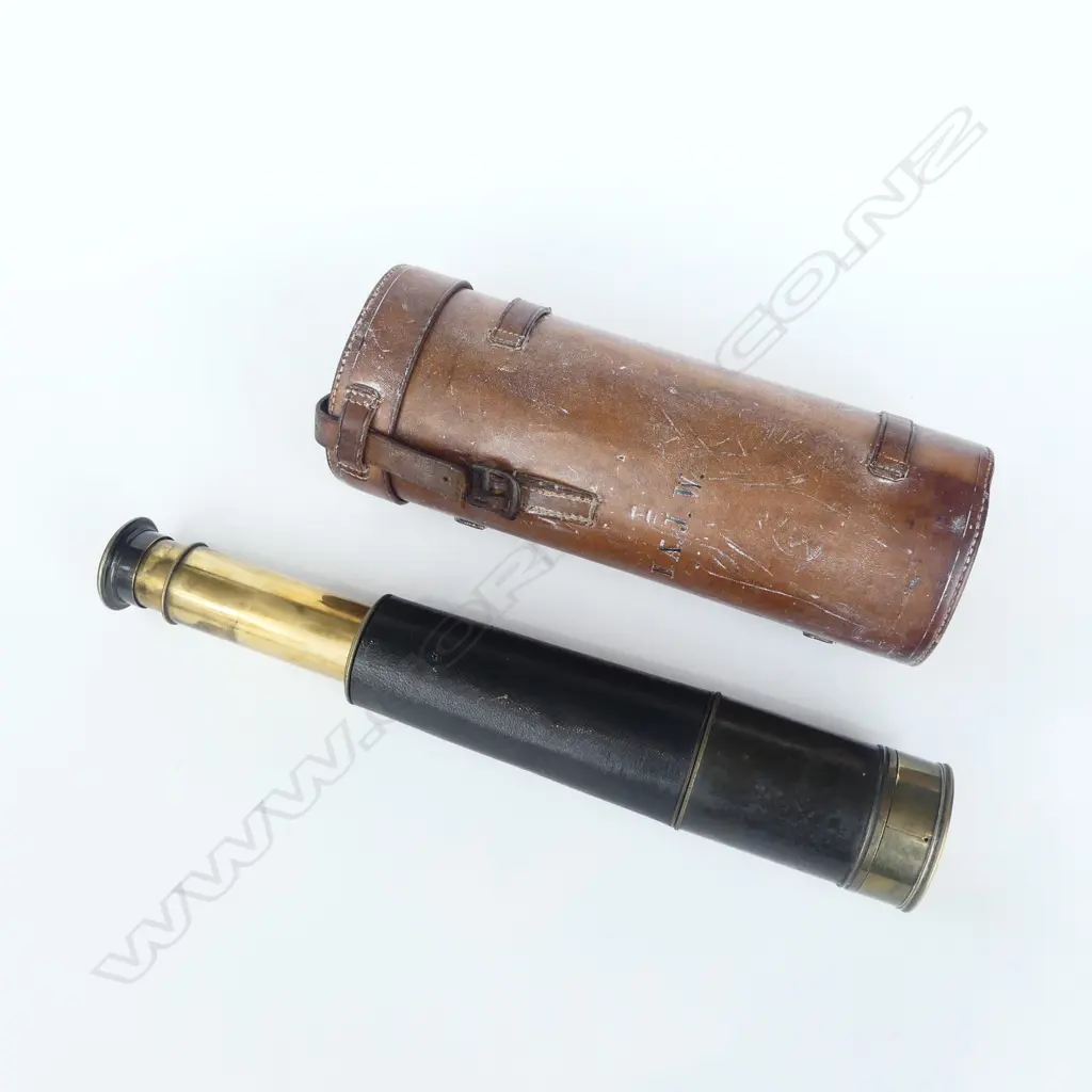 VICTORIAN BRASS & LEATHER 3 DRAW TELESCOPE; IN LEATHER CARRY CASE EMBOSSED 'E.A.J.W.' Image 1++