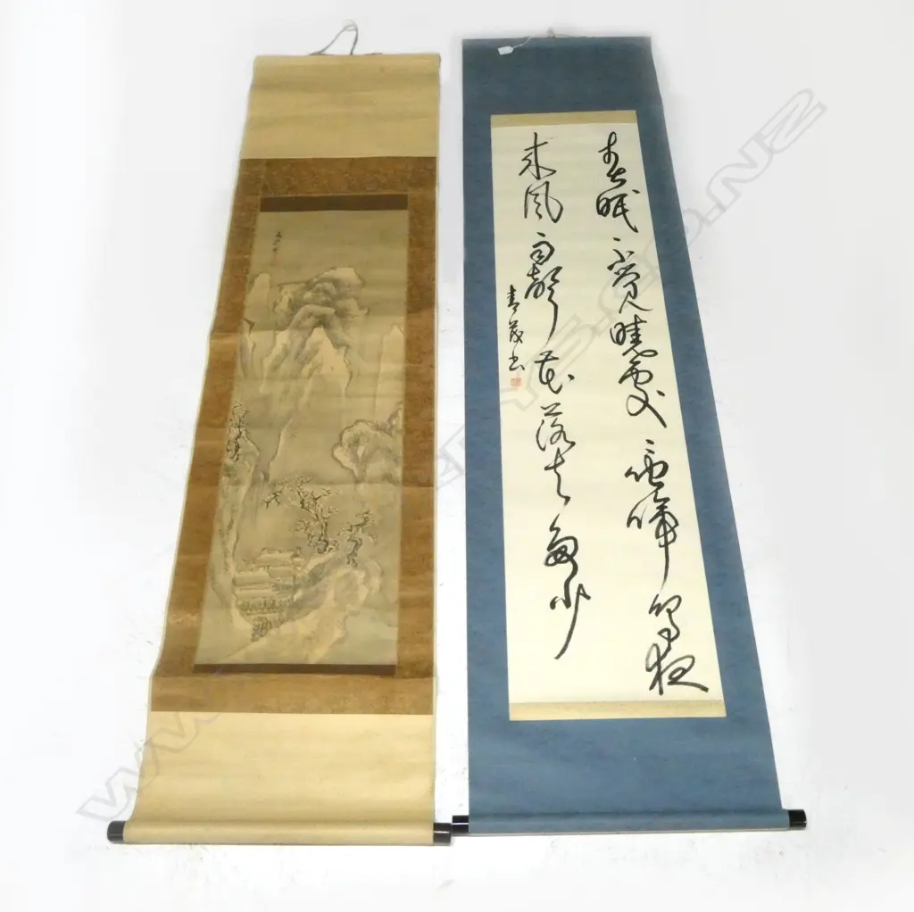 2 ORIENTAL SCROLLS LANDSCAPE + CALLIGRAPHY Image 1++