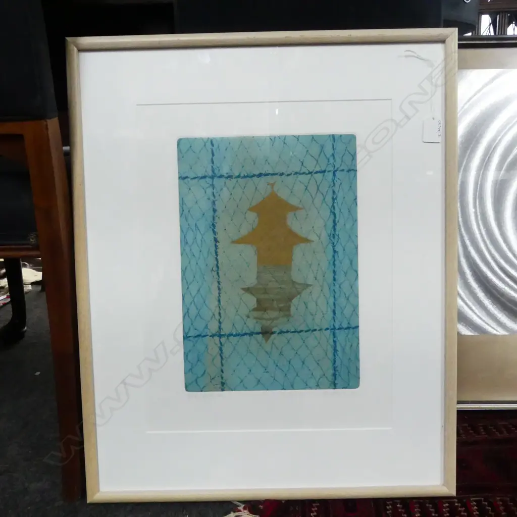 FRAMED ETCHING GOLD PAVILION SIGNED RODNEY FUMPSTON H350 W240MM Image 1++