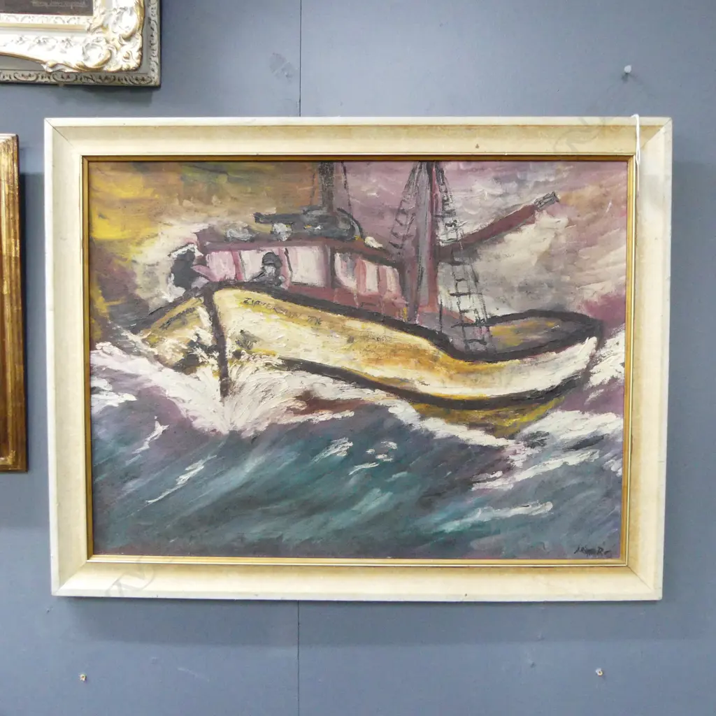 FISHING BOAT SCENE, OIL ON BOARD, SIGNATURE INDISTINCT, SIGNED ON REVERSE 'PAULA ANDREA..', 440x590mm Image 1++