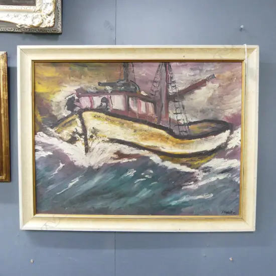 FISHING BOAT SCENE, OIL ON BOARD, SIGNATURE INDISTINCT, SIGNED ON REVERSE 'PAULA ANDREA..', 440x590mm