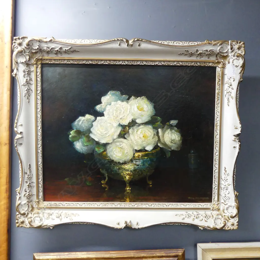 HENRY JOHN DYKMAN (SA 1893-1972), WHITE ROSES STILL LIFE, OIL ON BOARD 400x500mm Image 1++