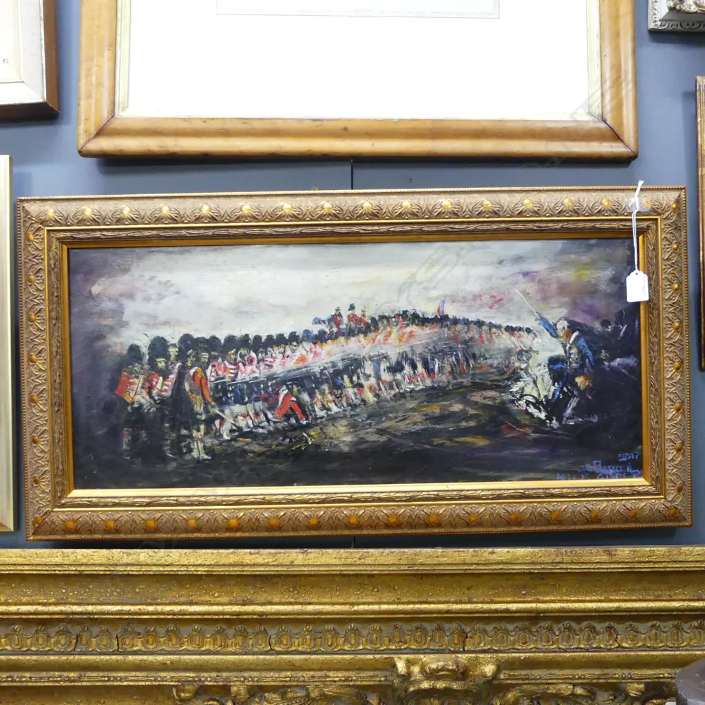 GILT FRAMED OIL  THE THIN RED LINE SIGNED PETER PURCELL H290 L680MM Image 1++