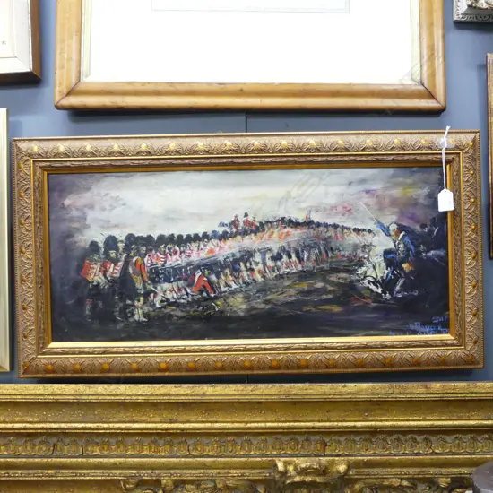 GILT FRAMED OIL  THE THIN RED LINE SIGNED PETER PURCELL H290 L680MM
