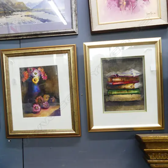 2 GILT FRAMED W/CS STILL LIFE FLOWERS & BOOKS  SIGNED MANDY DEMPSEY H240 L220MM