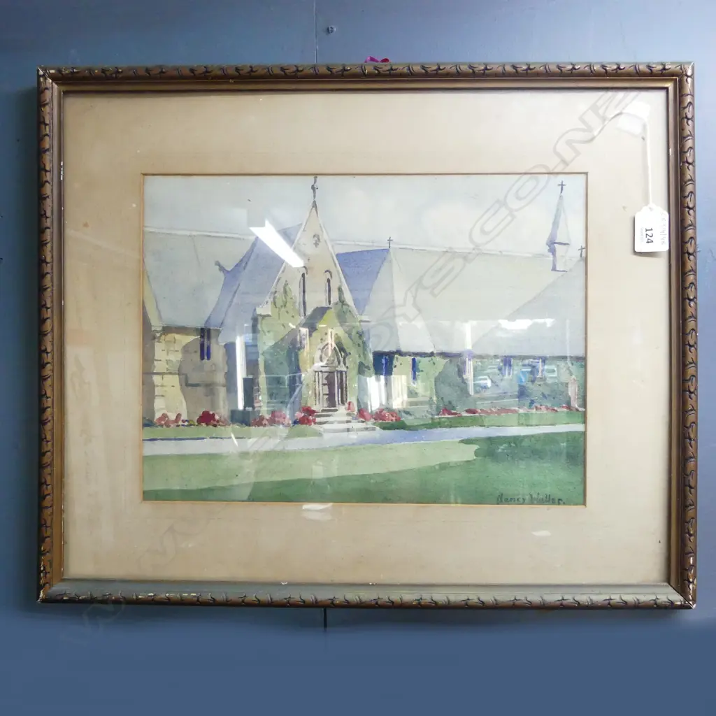 FRAMED W/C CHURCH SCENE SIGNED NANCY WALLER H.260mm W.340mm Image 1++