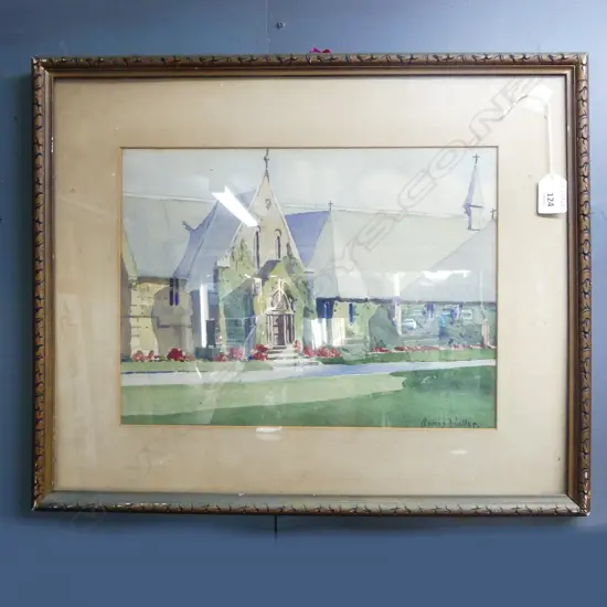 FRAMED W/C CHURCH SCENE SIGNED NANCY WALLER H.260mm W.340mm