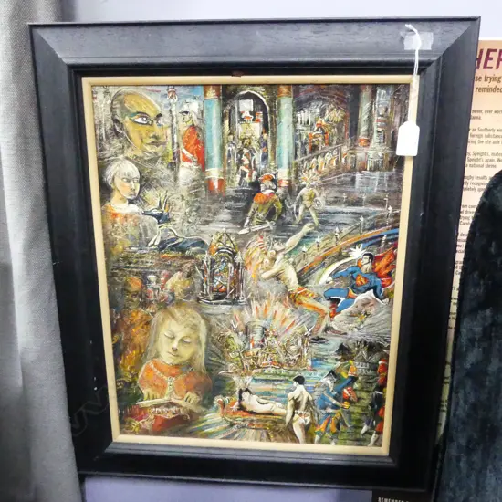 FRAMED OIL ON BOARD STAIRCASE TO ADVENTURE BY PETER PURCELL H450 L350MM