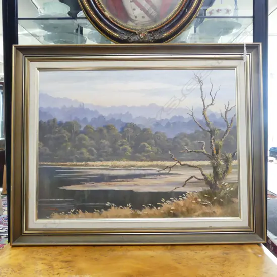 OIL ON BOARD AFTER THE RAIN HOPORUAHINI LANDING LAKE WAIKAREMOANA SIGNED JOY HOOLIHAN H450 W590MM