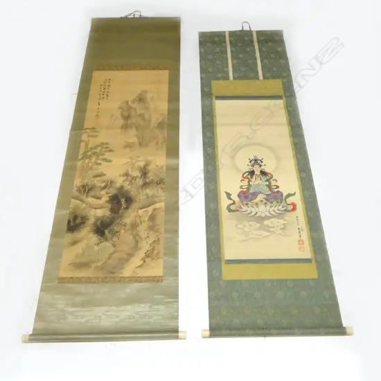 2 ORIENTAL SCROLLS WITH IVORY HANDLES LANDSCAPE + RELIGIOUS FIGURE