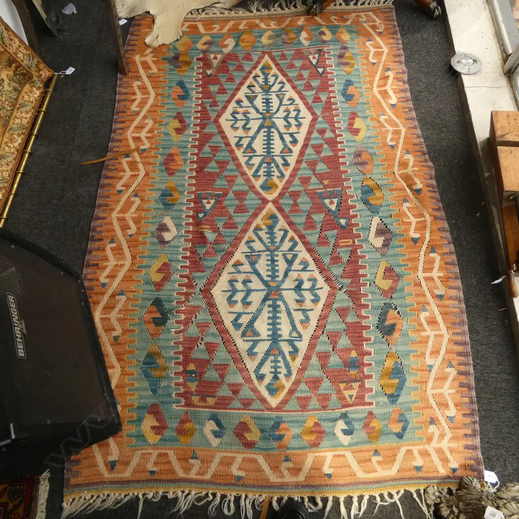SMALL KELIM RUG SOFT ORANGE PINK & BLUE COLOURS L1760 W1100 Image 1++