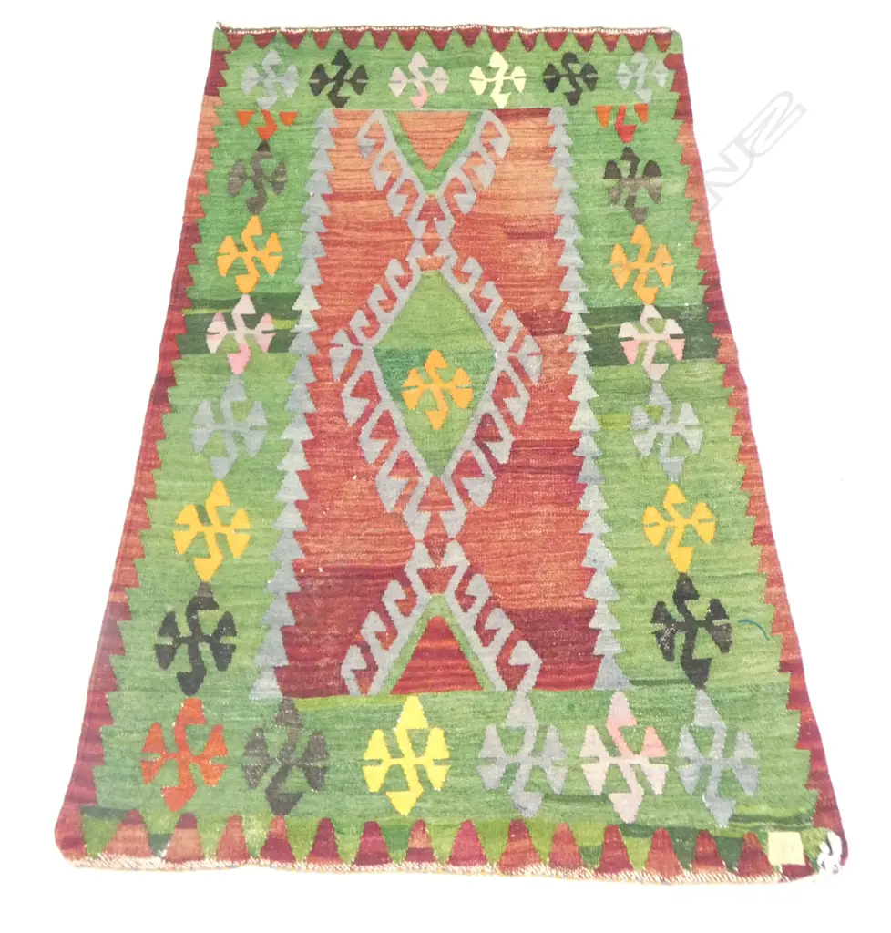 SMALL KELIM RUG GREEN BACKGROUND GEOMETRIC PAT L1450 W860MM Image 1++