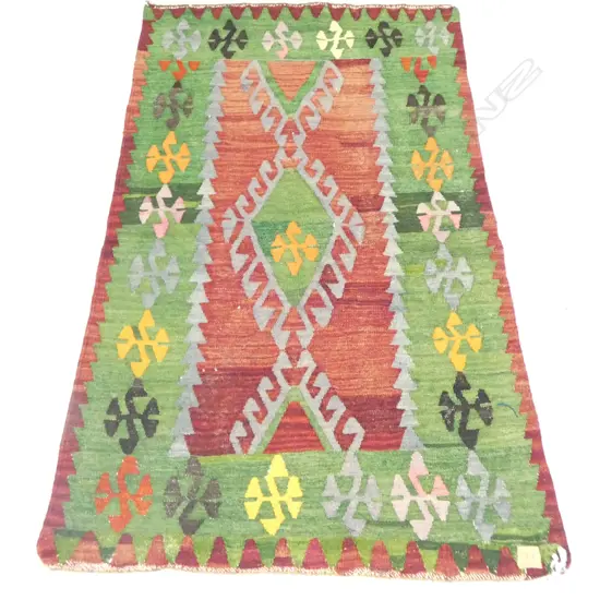 SMALL KELIM RUG GREEN BACKGROUND GEOMETRIC PAT L1450 W860MM