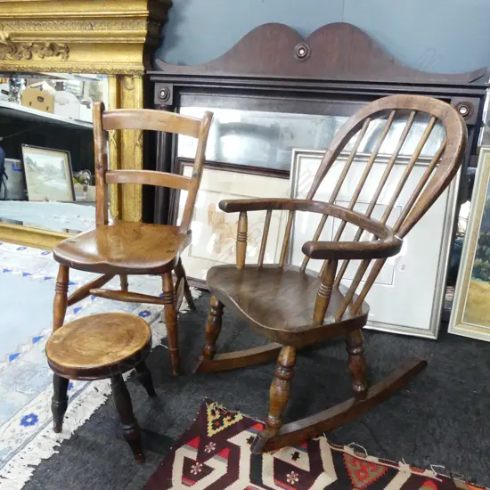2 ANTIQUE CHILDRENS CHAIRS + STOOL