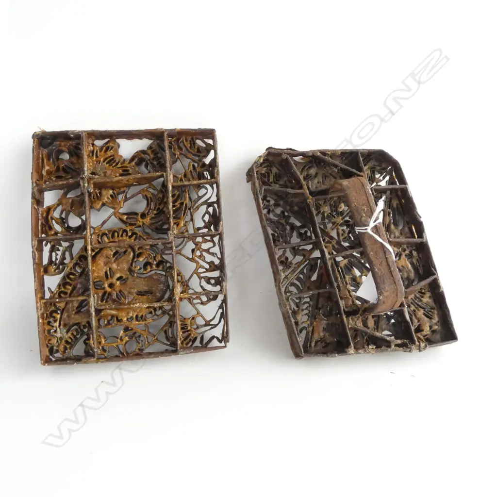 2 BALINESE METAL FABRIC PRINTING BLOCKS handle to back of one 200 x 140mm. Image 1++