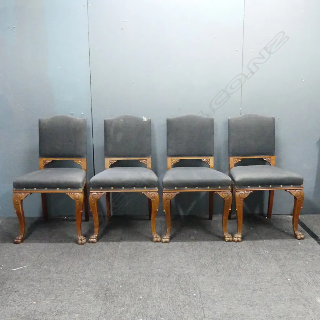 4 UPHOLSTERED WALNUT ANTIQUE LIBRARY CHAIRS WITH CLAW & BALL FEET (UPHOLSTERY MARKED) Image 1++
