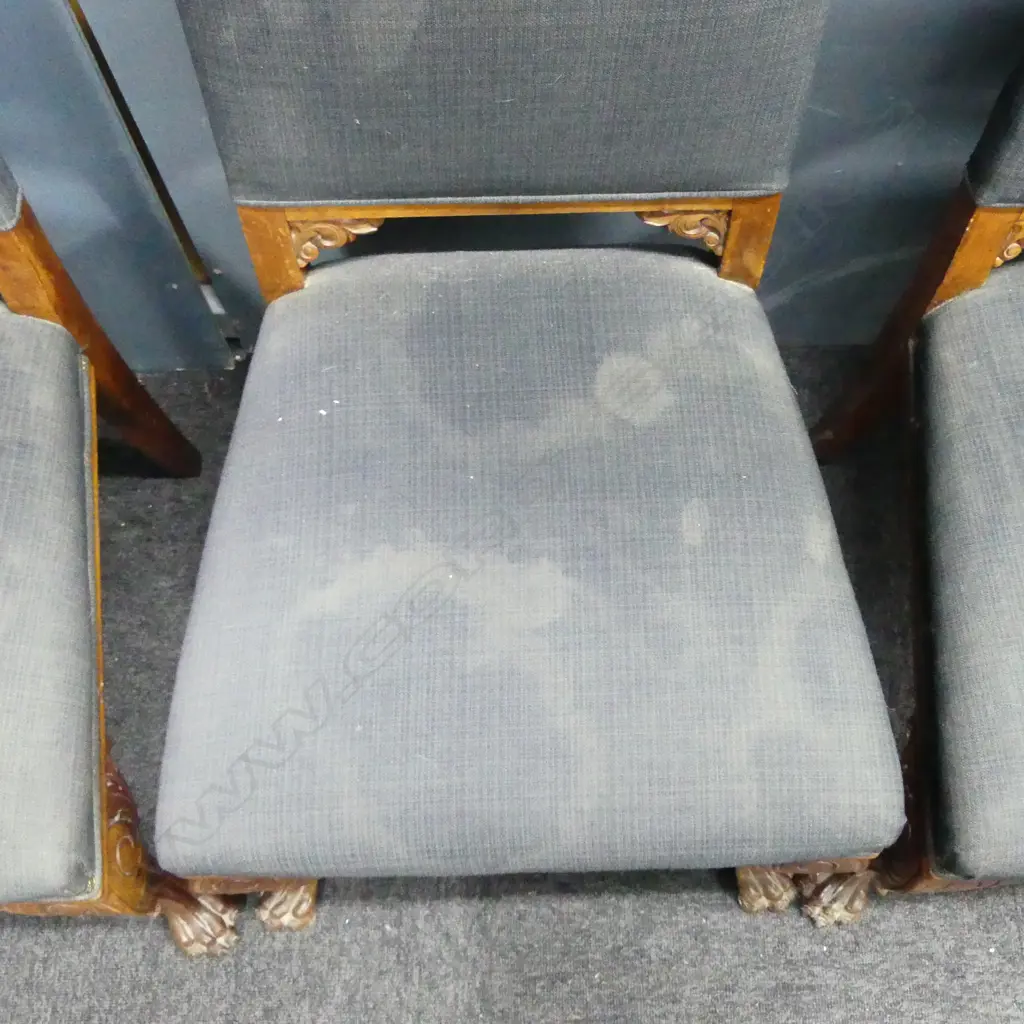 4 UPHOLSTERED WALNUT ANTIQUE LIBRARY CHAIRS WITH CLAW & BALL FEET (UPHOLSTERY MARKED) Image 1++