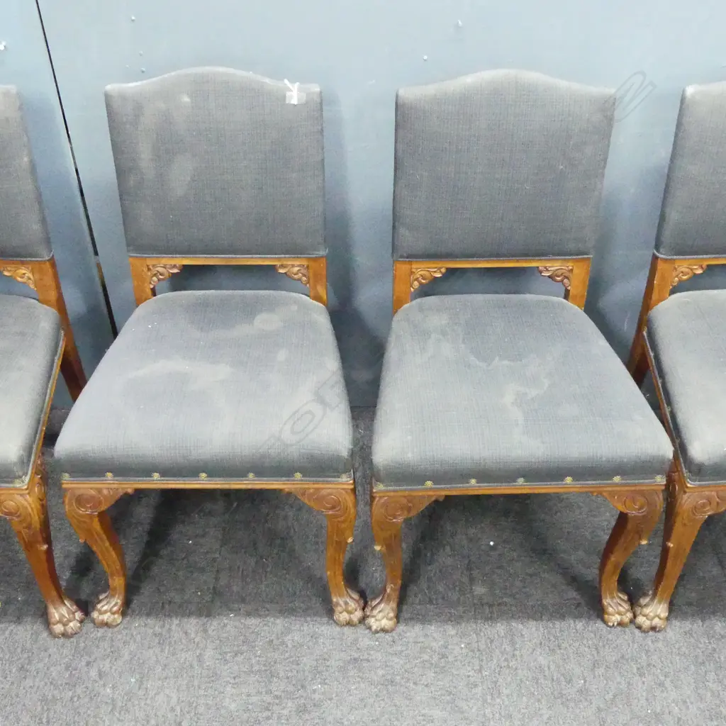 4 UPHOLSTERED WALNUT ANTIQUE LIBRARY CHAIRS WITH CLAW & BALL FEET (UPHOLSTERY MARKED) Image 1++