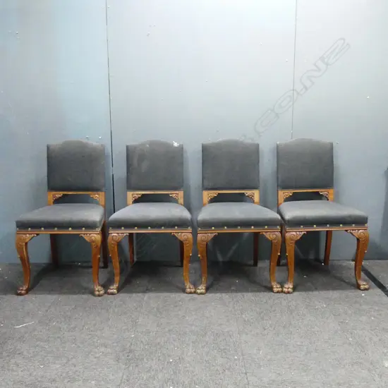 4 UPHOLSTERED WALNUT ANTIQUE LIBRARY CHAIRS WITH CLAW & BALL FEET (UPHOLSTERY MARKED)