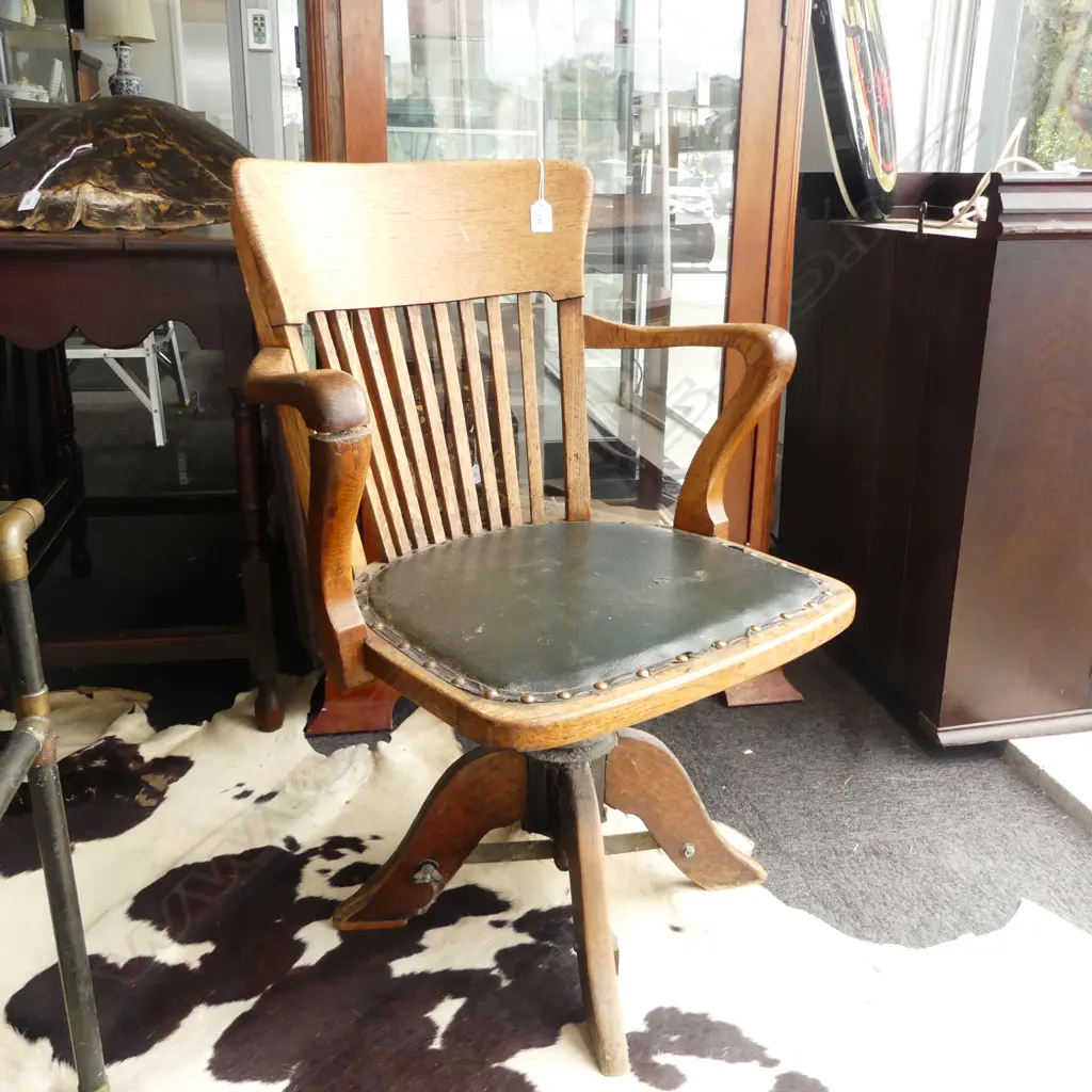 c.1910 OAK STICK BACK SWIVEL OFFICE CHAIR Image 1++