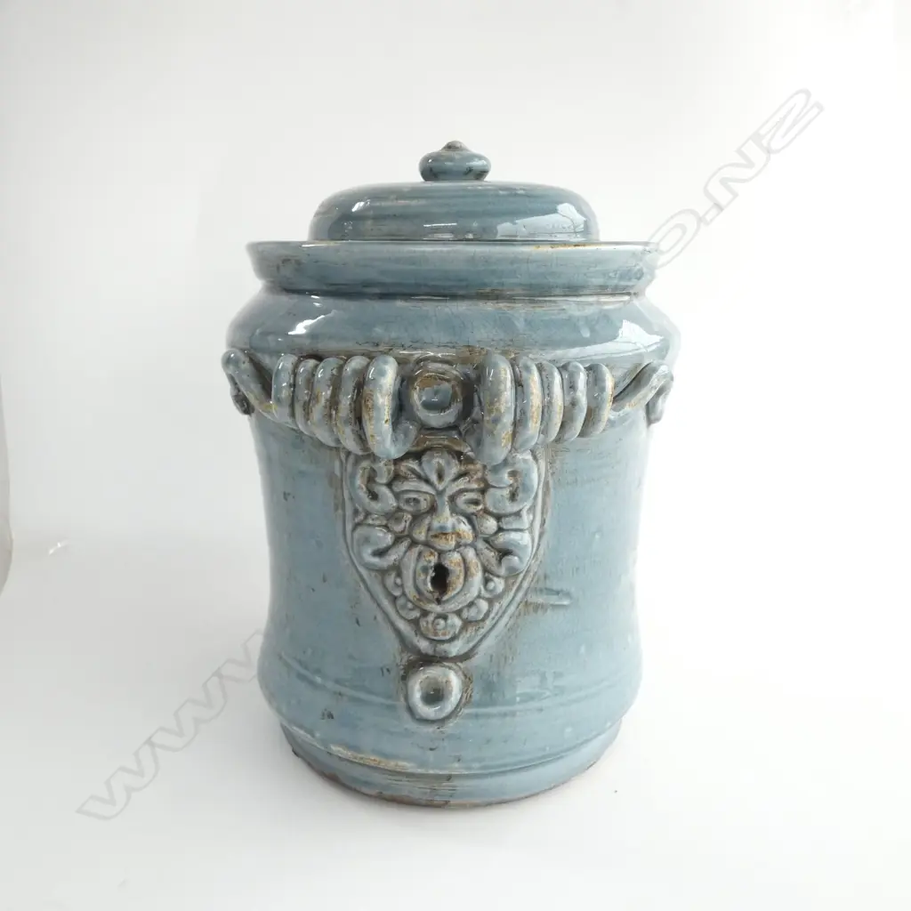 BLU-GRAY GLAZED TERRA COTTA LIDDED CONTAINER.340mm Image 1++