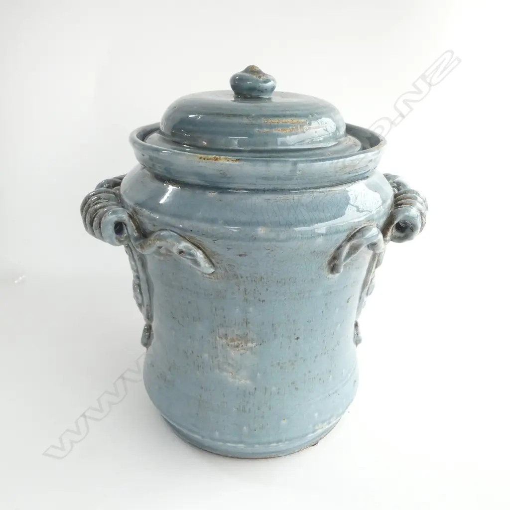 BLU-GRAY GLAZED TERRA COTTA LIDDED CONTAINER.340mm Image 1++