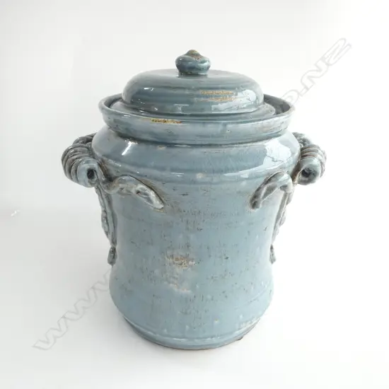 BLU-GRAY GLAZED TERRA COTTA LIDDED CONTAINER.340mm