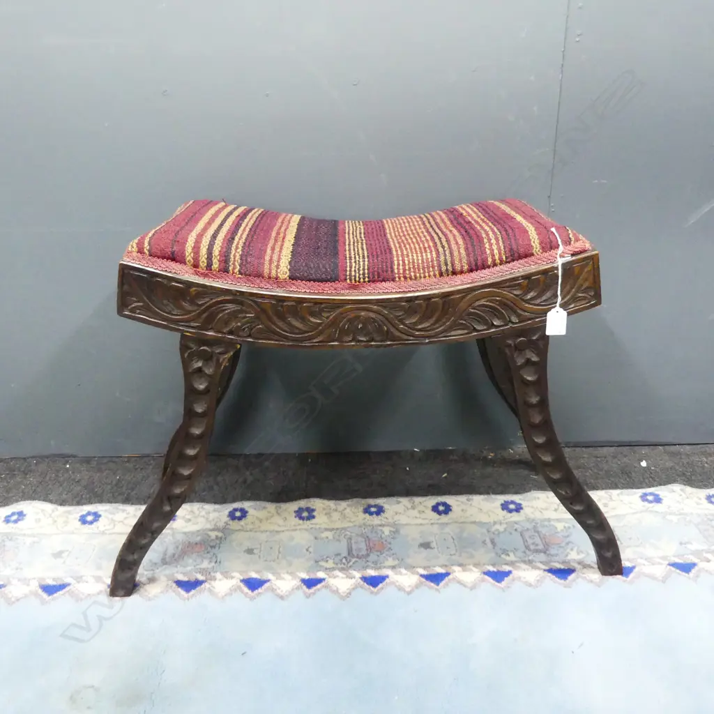 c1900 OAK CARVED FRAME STOOL WITH CURVED TOP Image 1++