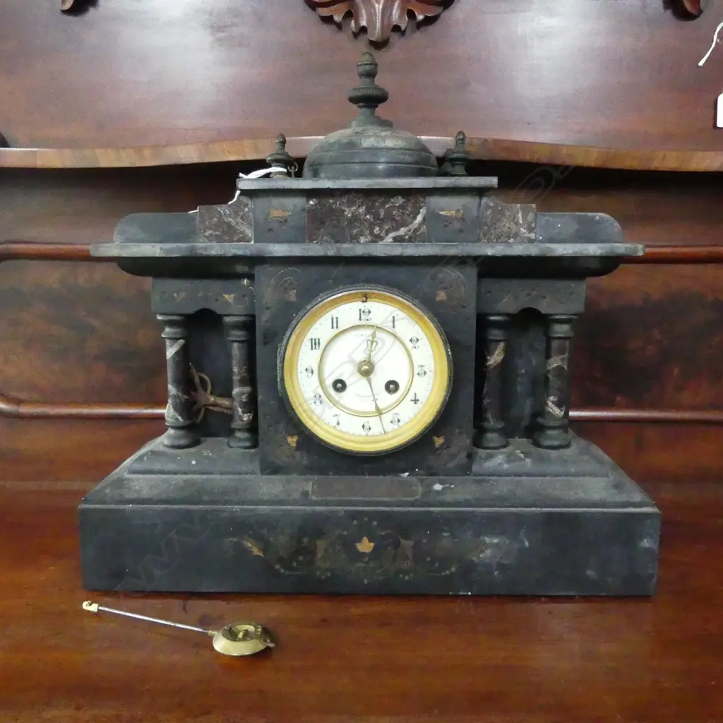 EARLY 20thC BLACK SLATE MANTLE CLOCK H.375mm, W.400mm Image 1++
