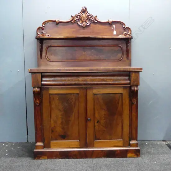 VICTORIAN MAHOGANY CHIFFONIER panel & scroll back 1 small veneer loss. W.1060mm