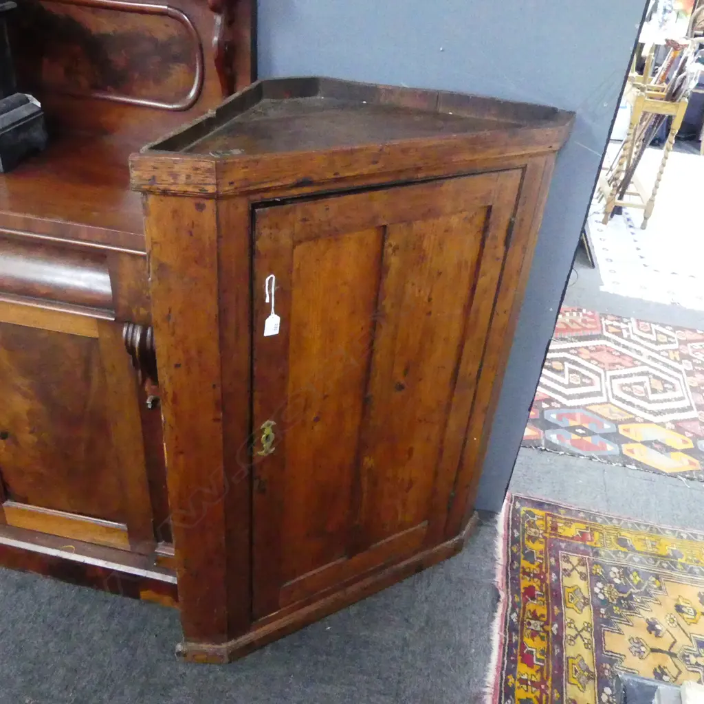 GEORGE III c1820 PINE HANGING CORNER CUPBOARD with 2 panel door & 2 internal shelves. H.1050mm Image 1++