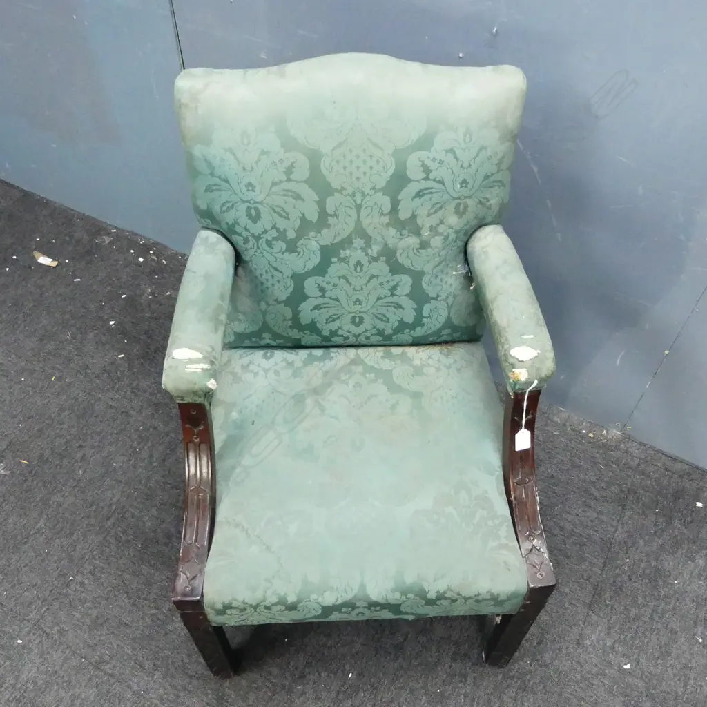 UPHOLSTERED ANTIQUE LIBRARY CHAIR with CARVED REST Image 1++