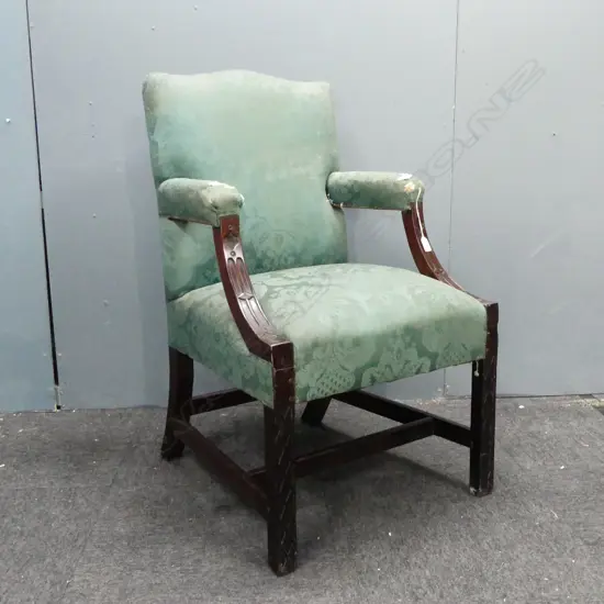 UPHOLSTERED ANTIQUE LIBRARY CHAIR with CARVED REST