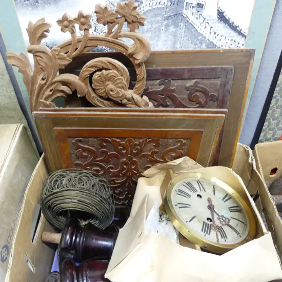 CARVED PANELS, CLOCK, FURNITURE FEET ETC