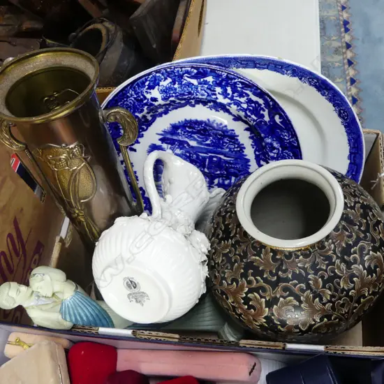 ASST. VINTAGE INCLD. ARTS & CRAFTS BELDRAY BRASS VASE, H.330mm, RESIN 'COUPLE IN LOVE', BELLEEK VASE (repaired, ETC