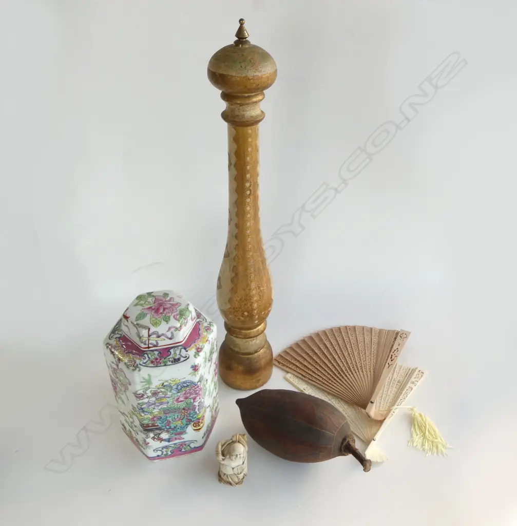 gilt DECORATED TALL PEPPER GRINDER + 2 FANS ( 1 BONE) + Aboriginal carved seed pod + resin okimono Image 1++