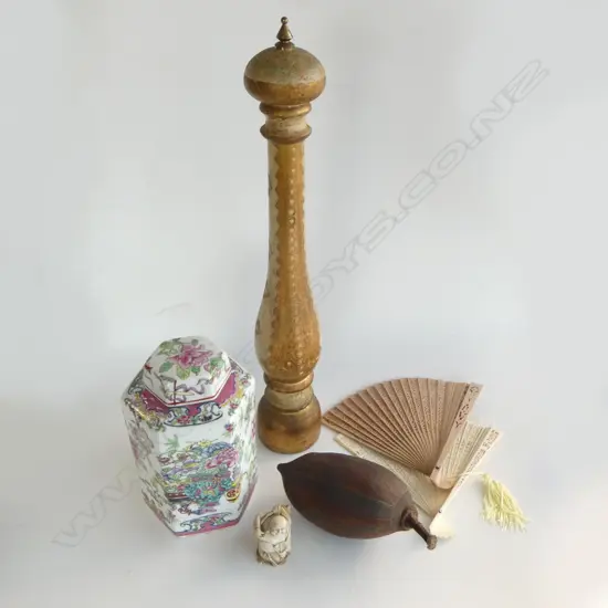 gilt DECORATED TALL PEPPER GRINDER + 2 FANS ( 1 BONE) + Aboriginal carved seed pod + resin okimono