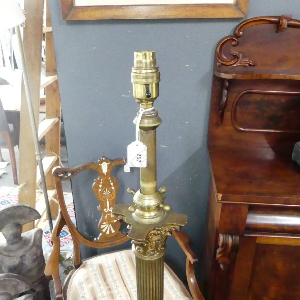 VICTORIAN BRASS TELESCOPIC TORCHERE LAMP; Electric converstion, corinthian capital, ball & claw feet H.1380mm Image 1++