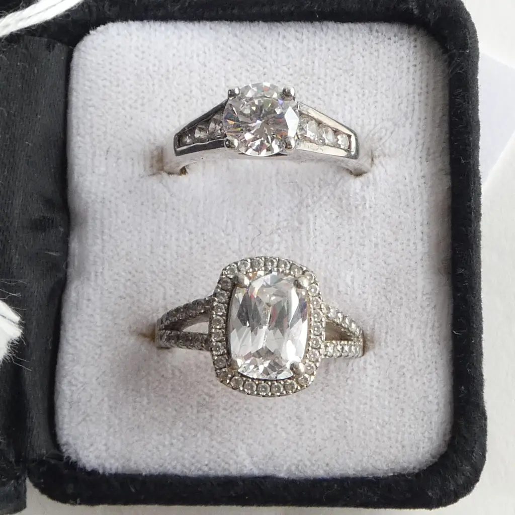 TWO SILVER AND FAUX DIAMOND RINGS SIZE N & O Image 1++