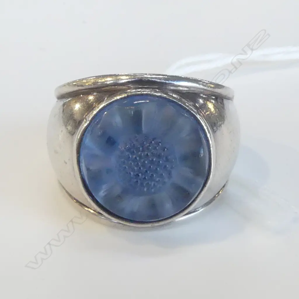 LALIQUE SILVER RING w. BLUE GLASS FLOWER 8.7gms SIZE M Image 1++