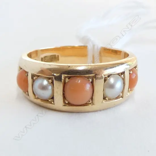 18ct Y/G PEARL & CORAL, SIZE L 1/2 RING 6.23gms