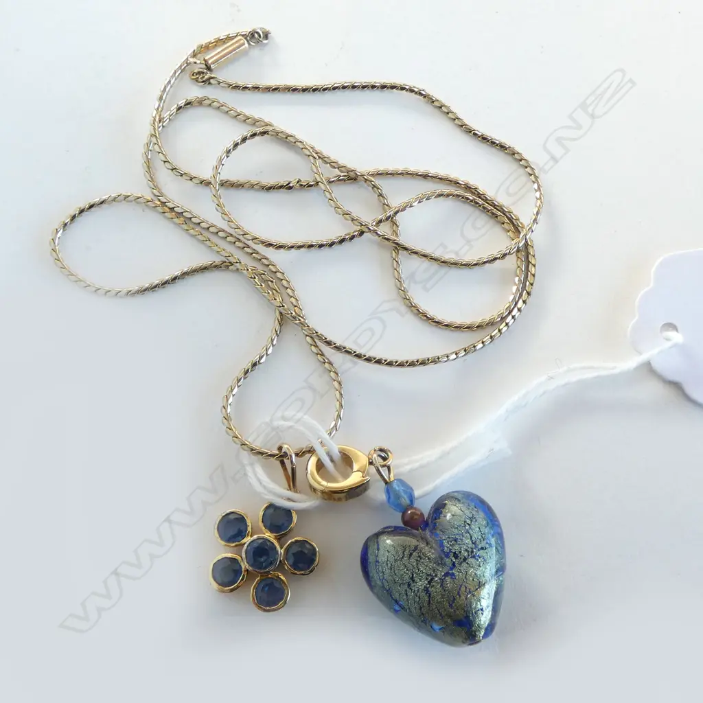 GILT STG SILVER  SAPPHIRE PENDANT ON ROLLED GOLD CHAIN + PENDANT Image 1++