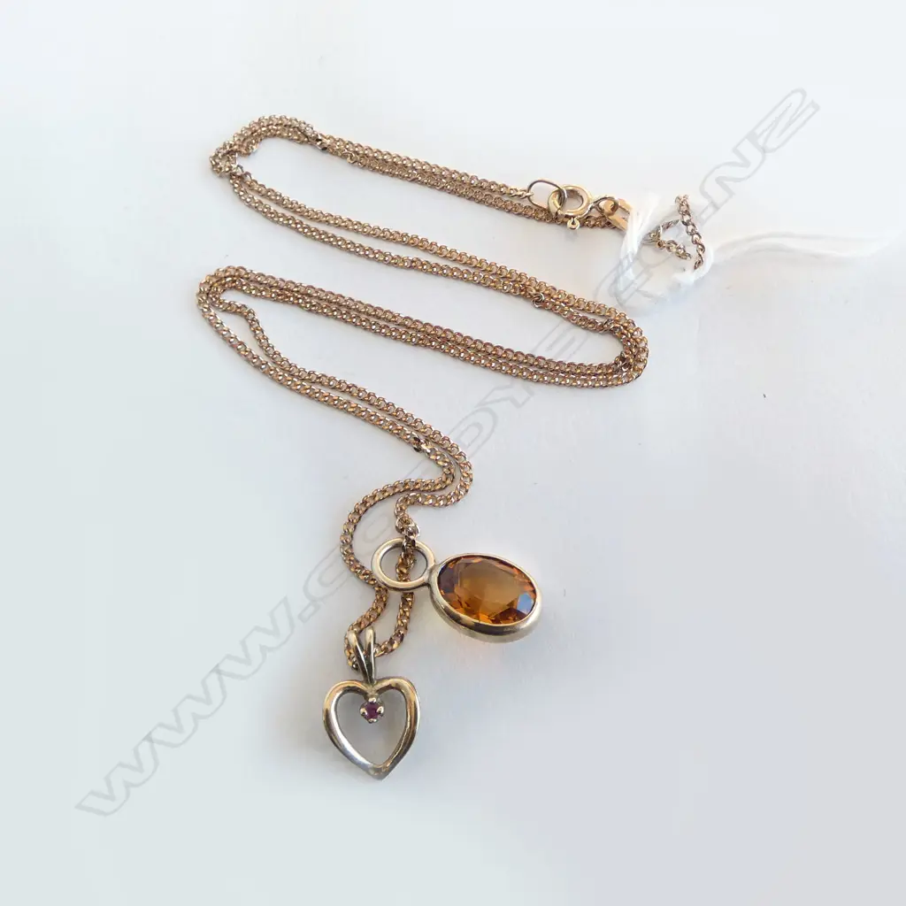2 9ct RUBY & CITRINE PENDANTS on 9ct CHAIN, 4.1gm Image 1++