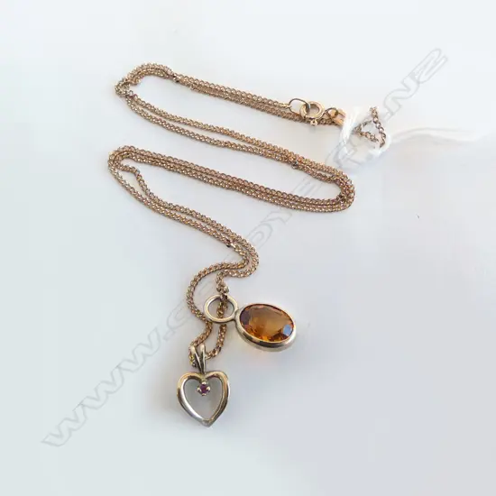 2 9ct RUBY & CITRINE PENDANTS on 9ct CHAIN, 4.1gm